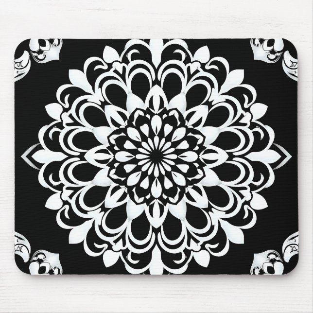 Mousepad Desenho de Mandala Preto e Branco (Frente)