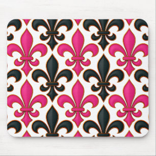 Mousepad Desenho de padrão Barroco Preto Rosa Fleur-de-lis