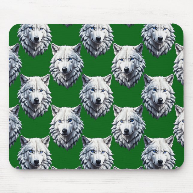 Mousepad Desenho de padrão de cabeça de lobo branco verde (Frente)