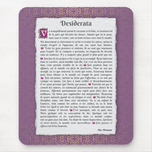 Mousepad Desiderata - Escolhas désirées - poème (Frente)