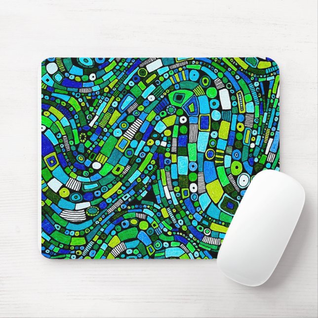 Mousepad Design Abstrato Ondas Azuis Verdes Formas (Com mouse)