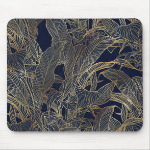 Mousepad Design Botânico da Dourada Folhagem Azul Moderna