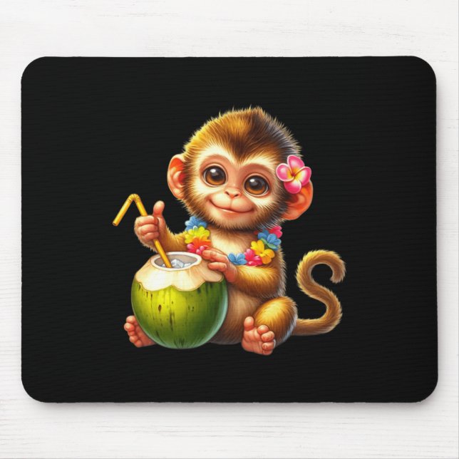 Mousepad Design de bebida de coco tropical de macaco bebê f (Frente)