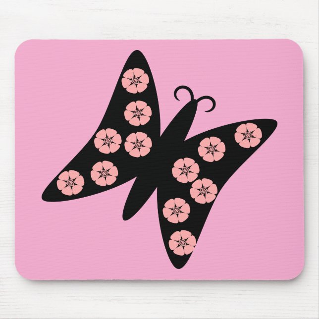 Mousepad Design de Borboleta Preta e Rosa (Frente)
