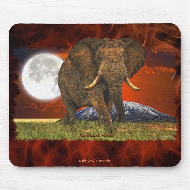 Mousepad Design de Elefante Africano e Arte da Lua Savana (Frente)