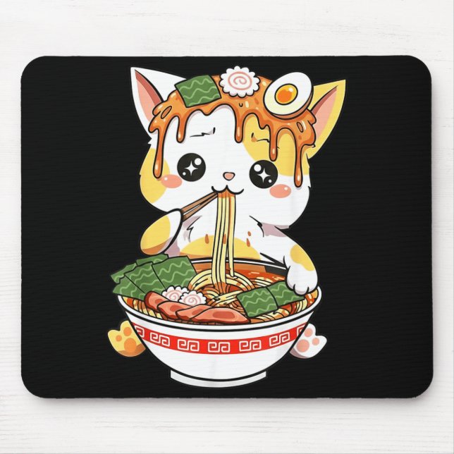 Mousepad Design de Gato Ramen Estilo Kawaii Engraçado Anime (Frente)