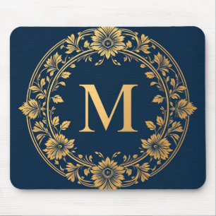 Mousepad Design de Monograma Floral Dourado Elegante