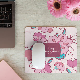 Mousepad Design de Monograma Floral Rosa Claro Turquesa com