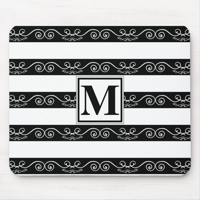Mousepad Design de monograma listrado branco preto (Frente)