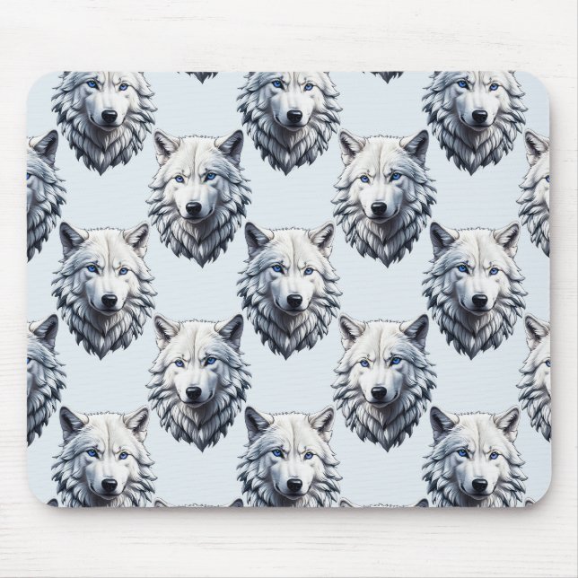 Mousepad Design de Padrão da Cabeça do Lobo Branco - Branco (Frente)
