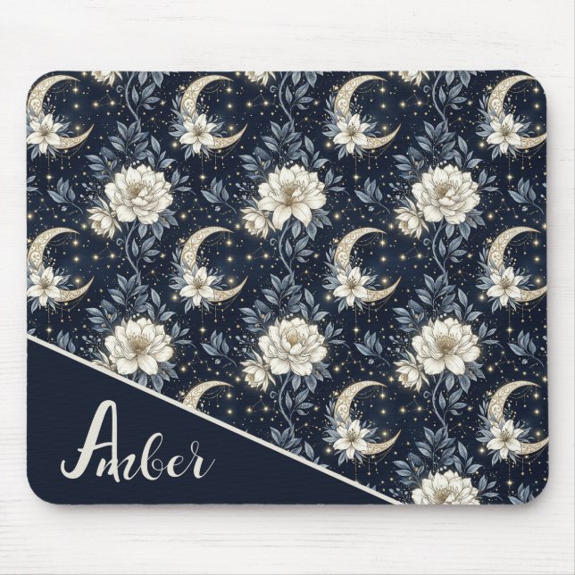 Mousepad Design Floral Celestial de Meia-Noite & Lua Cresce (Frente)