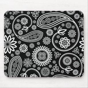 Mousepad Design Floral Retro Branco A Preto