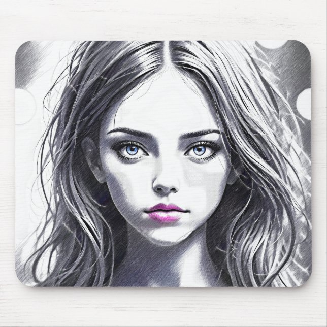 Mousepad  Dessin d'une jeune fille au regard envoûtant (Frente)