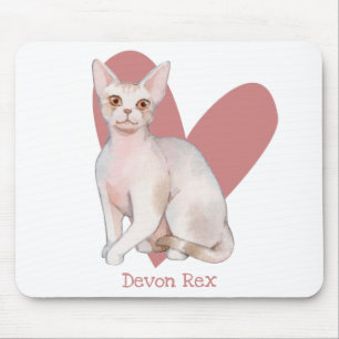 Mousepad Devon Rex Cat Watercolor Gatinho Coração Rosa