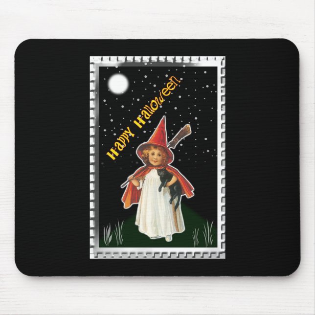 Mousepad Dia das Bruxas - Menina com Vassoura e Gato Preto (Frente)