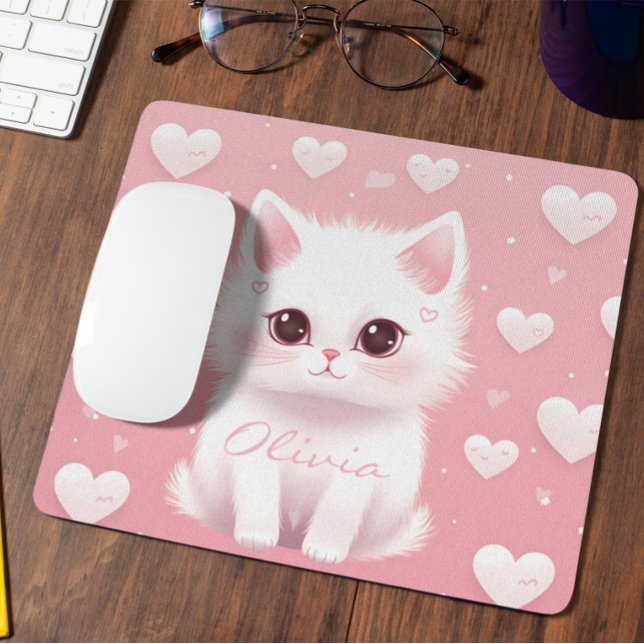 Mousepad Dia de os namorados de Gatinho Cachorro Branco Per (Criador carregado)