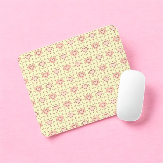 Mousepad Dia de os namorados de Padrão Verificado com Coraç (Pink Heart Checkered Pattern Valentine's Day Mouse Pad)