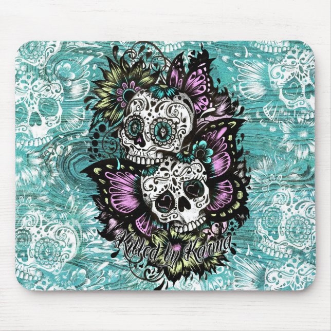 Mousepad Dia dos crânios florais inoperantes da borboleta (Frente)