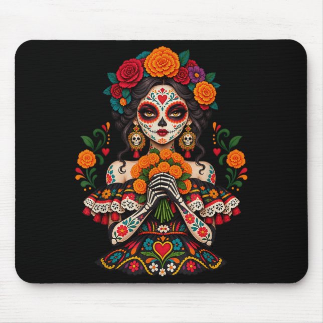Mousepad Dia dos mortos crânio de açúcar catrina dia de mor (Frente)