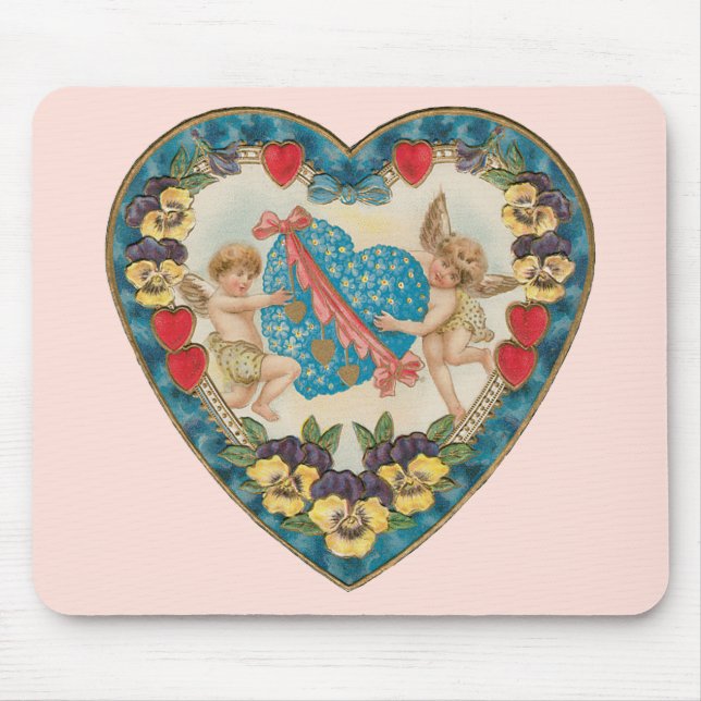 Mousepad Dia dos Namorados Antigo, Anjos Vintage em um Cora (Frente)