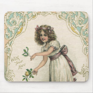 Mousepad Dia dos Namorados Vintage, Menina Vitoriana com Ro