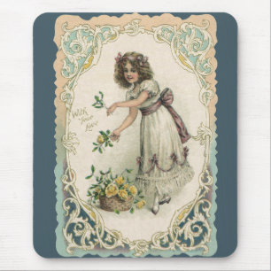 Mousepad Dia dos Namorados Vitoriano Antigo, Menina com Ros