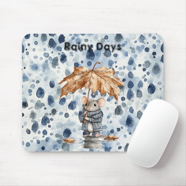 Mousepad Dias Chuvosos Rato Azul Folha Guarda-Chuva (Com mouse)