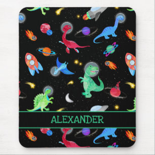 Mousepad Dinosauros Astronautas em Aquarela no Espaço Preto
