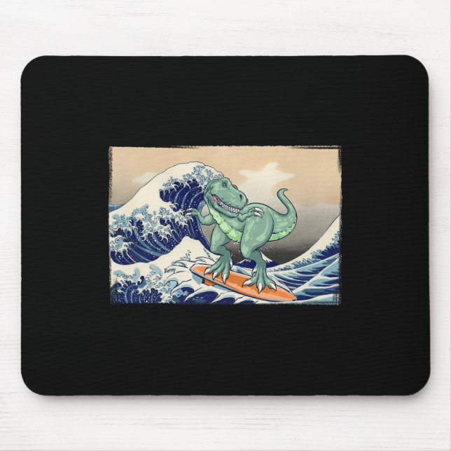 Mousepad Dinossauro Engraçado, T Rex Surfando, Arte de Dino (Frente)