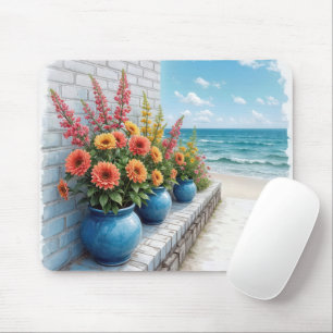 Mousepad Dírios de Praia em Tons de Aguarela em Vasos Azuis