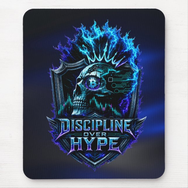 Mousepad Disciplina Sobre Hype Brilho Azul Bitcoin Cripto (Frente)