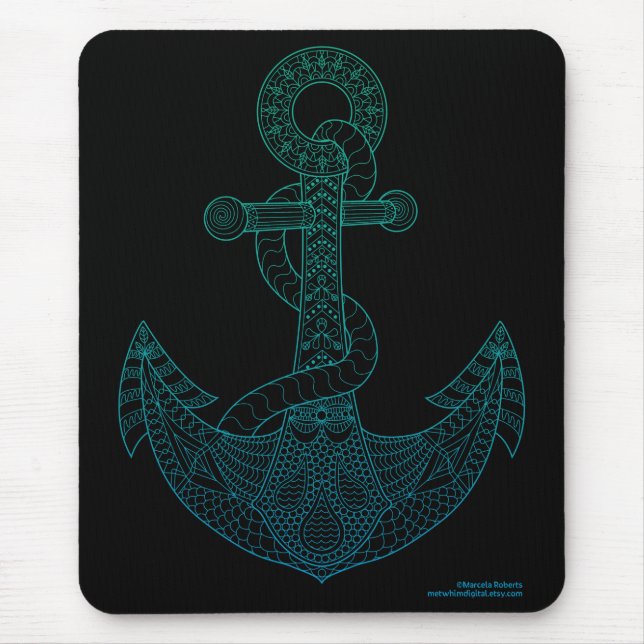 Mousepad Do mar náutico do esboço da arte da âncora preto (Frente)