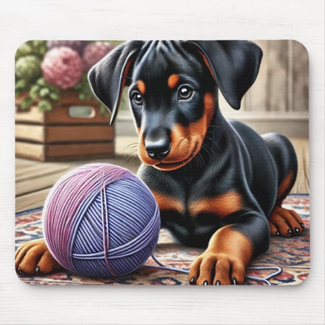 Mousepad Doberman Pinscher Puppy com Yarn Ball num tapete (Frente)