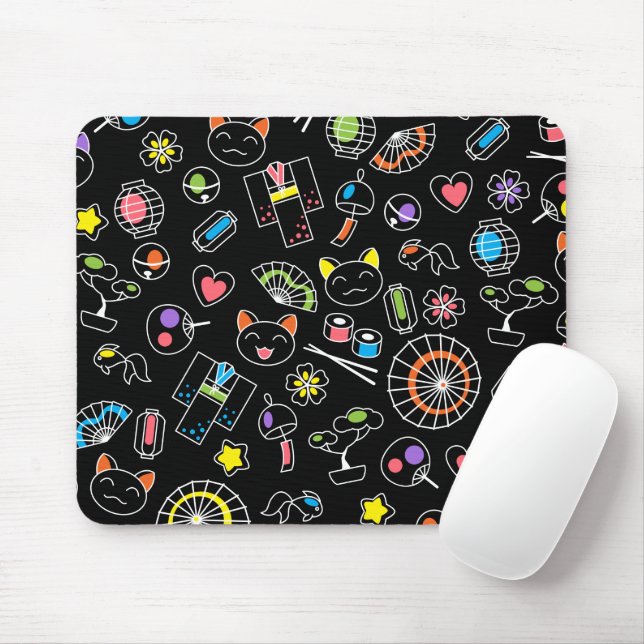 Mousepad Dodles de cultura kawaii japoneses em preto (Com mouse)