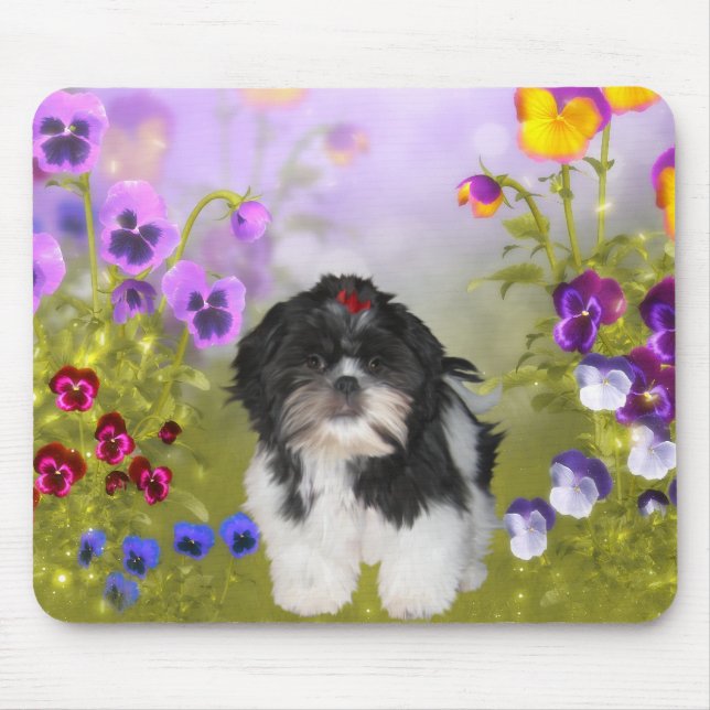 Mousepad Dog Shih Tzu Sobre Flores Coloridas (Frente)