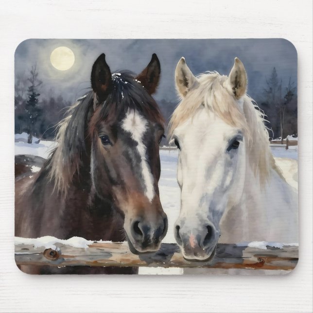 Mousepad Dois Cavalos numa Fazenda Nevada sob a Lua (Frente)