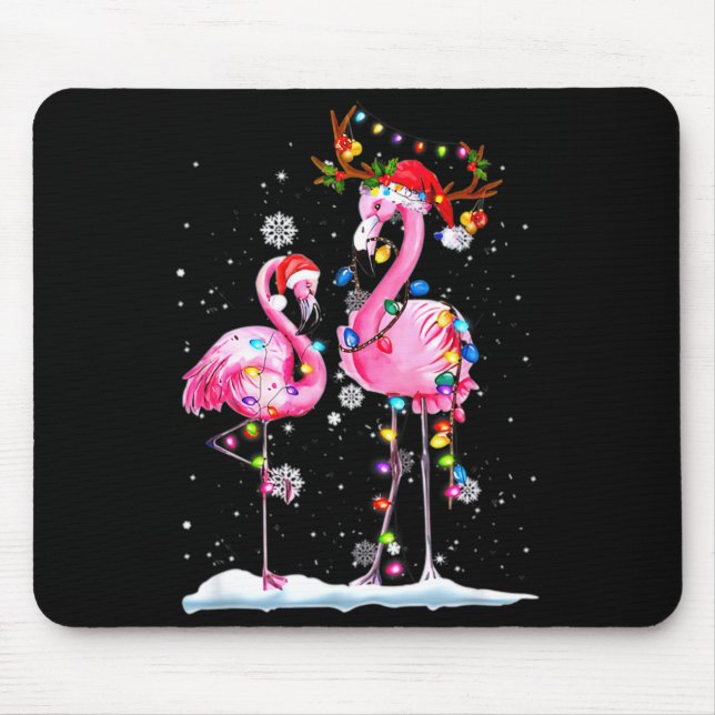 Mousepad Dois Flamingo Com Chapéu De Papai Noel E Luzes Ale (Frente)