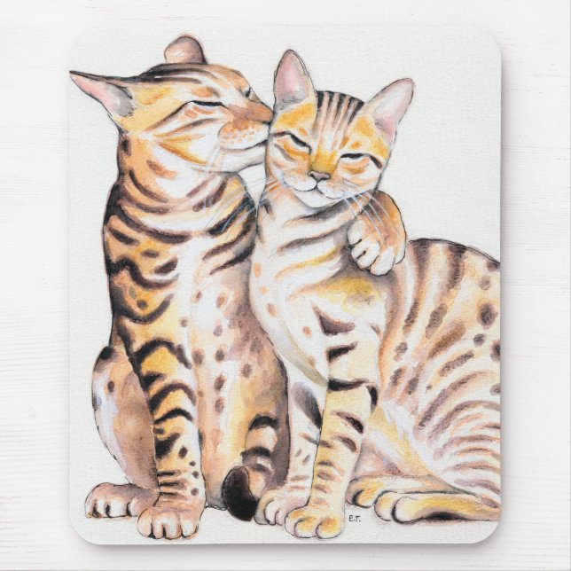 Mousepad Dois Gatos Bengala Arte Aquarela (Frente)
