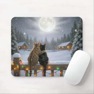 Mousepad Dois gatos de Natal se aconchegando em uma cerca c
