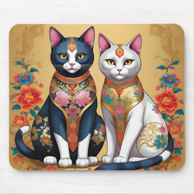 Mousepad Dois gatos florais decorativos (Frente)