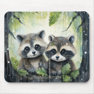 Mousepad Dois guaxinins bebês na chuva