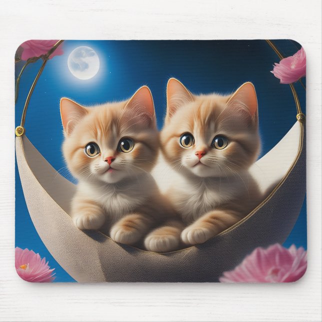 Mousepad Dois Jovens Gatinhos Em Uma Cesta Com Rosas Rosa (Frente)