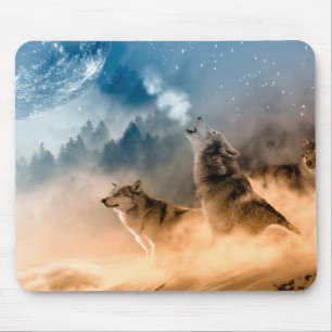 Mousepad Dois lobos uivam na lua de cheio na floresta