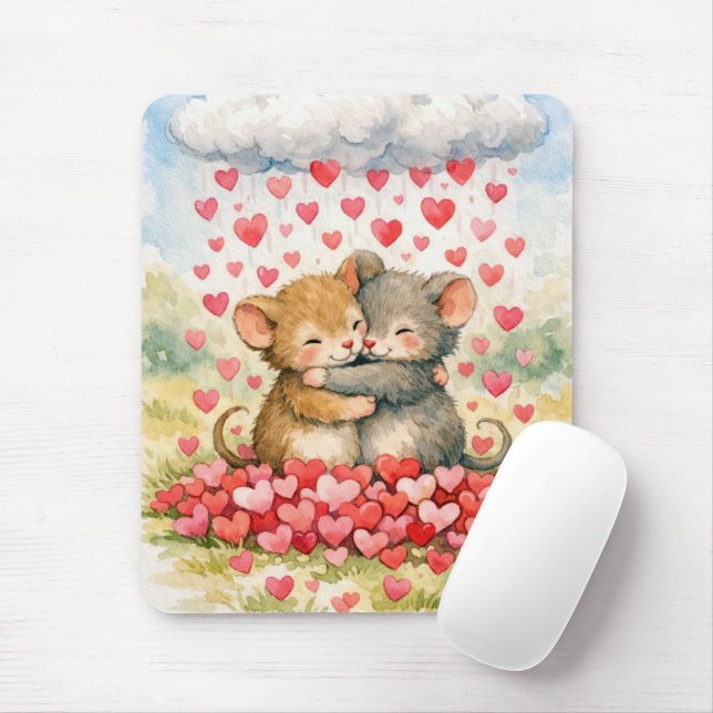 Mousepad Dois Ratos Sob uma Nuvem de Corações (Com mouse)