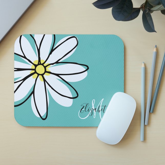 Mousepad Dólar Desenhado Daisy White Monograma Rosa (Criador carregado)
