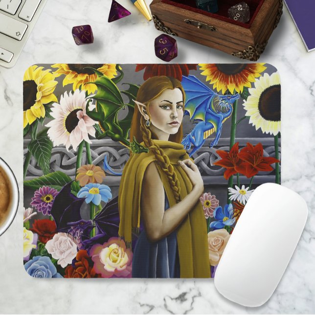 Mousepad Donzela Elfa Dragão Jardim de Flores Encantadas Fa (Criador carregado)