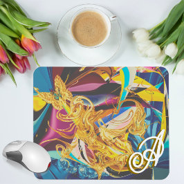 Mousepad Dourada Borboleta Antiquada Monograma Líquido Abst