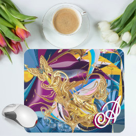 Mousepad Dourada Borboleta Fantasy Monograma Abstrato líqui