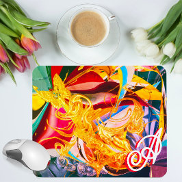 Mousepad Dourada Borboleta Fiery Monograma Abstrato líquido