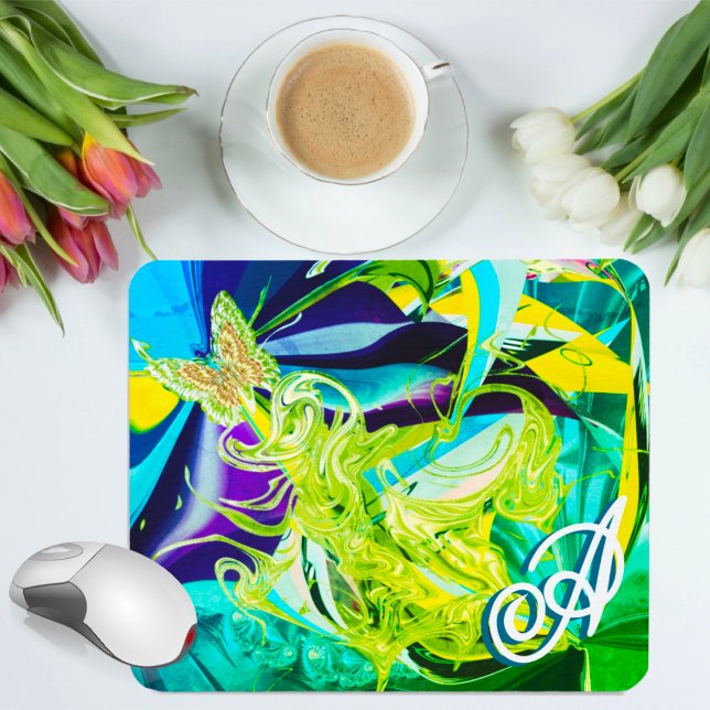 Mousepad Dourada Borboleta Roda Monograma Abstrato líquido (Criador carregado)
